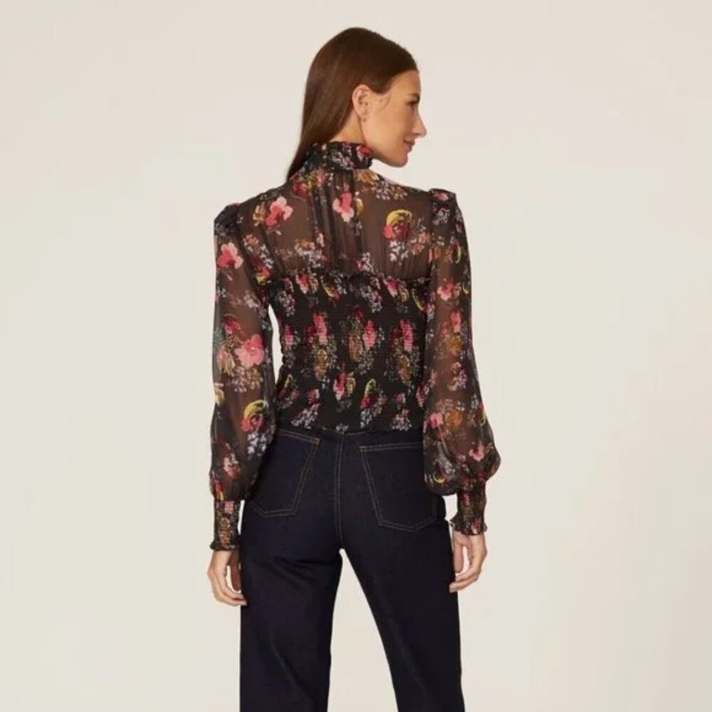 Cinq A Sept Women's Esmaralda 100% Silk Chiffon Black Floral Mock Neck Top Sz S - Picture 6 of 13